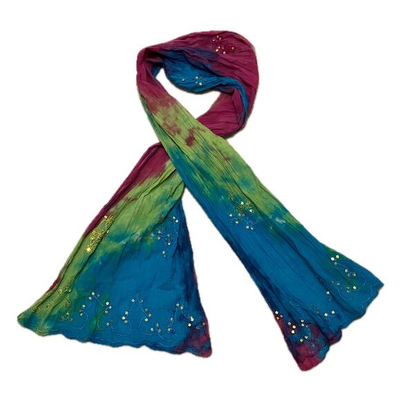 Tie dye embroidered sequin scarf pink green blue, fairycore bohemian hippie boho - Picture 1 of 7
